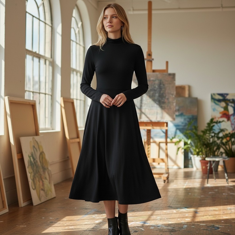 AFRM Black Mock Neck Long Sleeve Lined Midi Dress Small